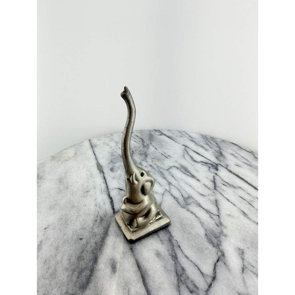 Vintage Elephant Ring Holder Green Rhinestone Eyes Good Luck Trunk Up Ring Tree - Picture 15 of 16